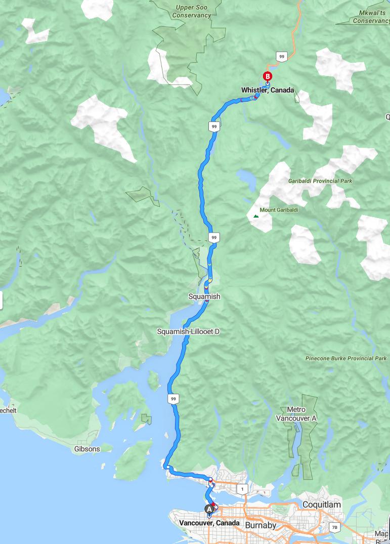 driving from Vancouver, British Columbia to WhistlerBritish Columbia - map and route