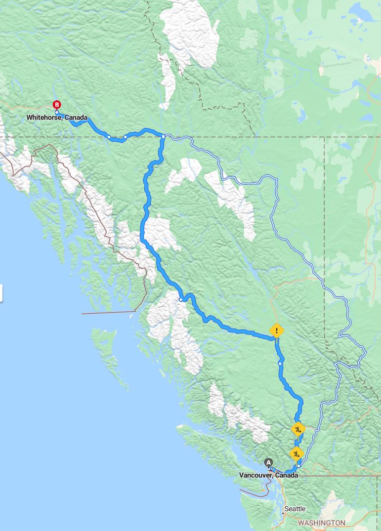 driving from Vancouver, British Columbia to WhitehorseYukon - map and route