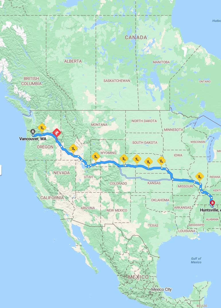 driving from Vancouver, Washington to HuntsvilleAlabama - map and route