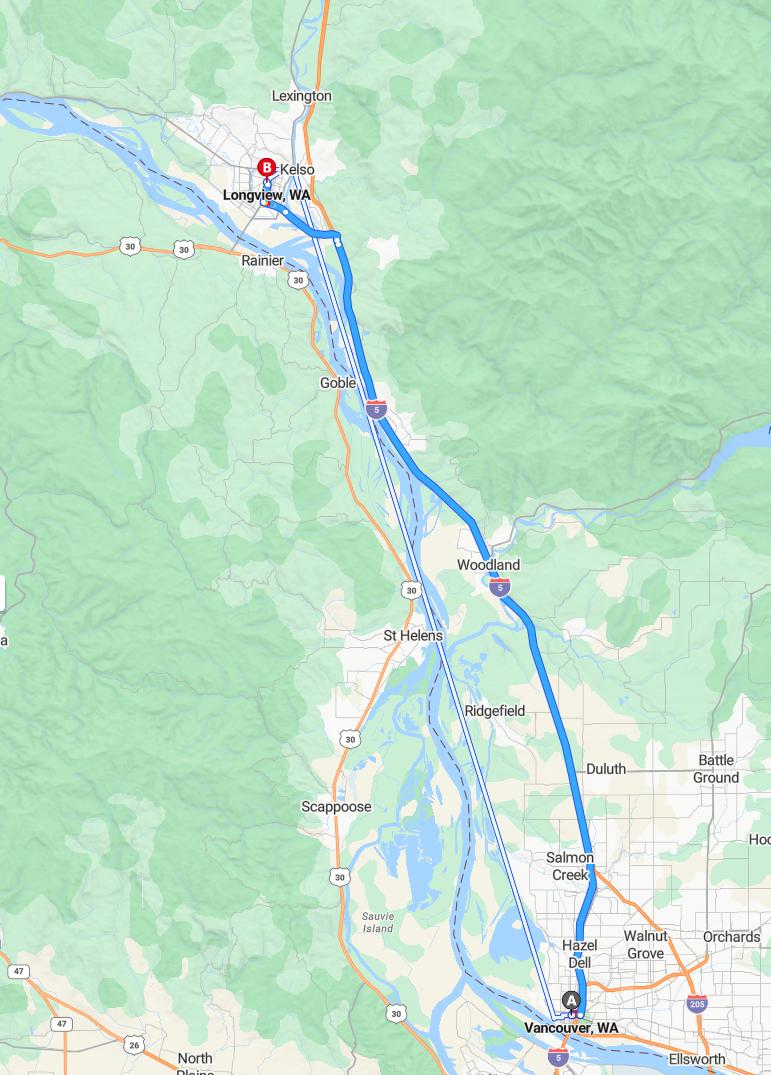 driving from Vancouver, Washington to LongviewWashington - map and route