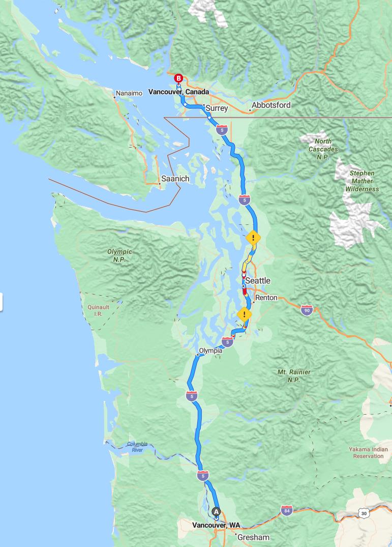 driving from Vancouver, Washington to VancouverBritish Columbia - map and route