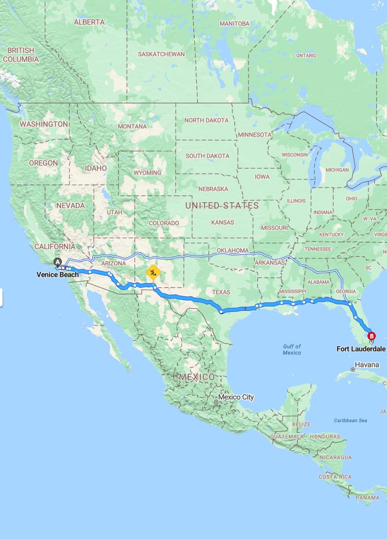 driving from Venice Beach, California to Fort Lauderdale BeachFlorida - map and route