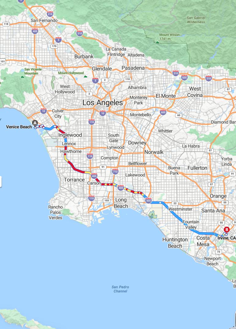 driving from Venice Beach, California to IrvineCalifornia - map and route