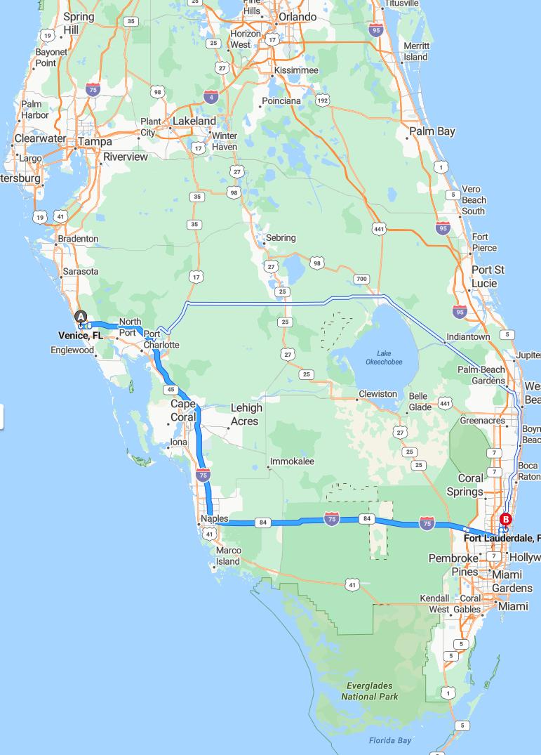driving from Venice, Florida to Fort LauderdaleFlorida - map and route