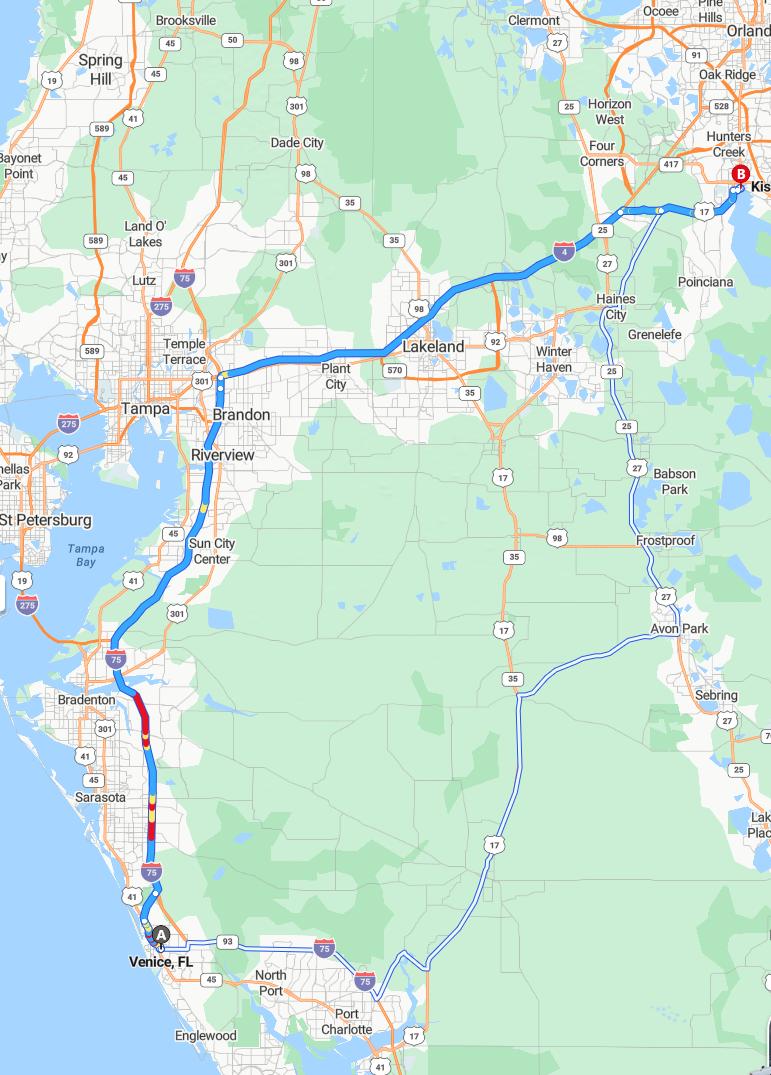 driving from Venice, Florida to KissimmeeFlorida - map and route