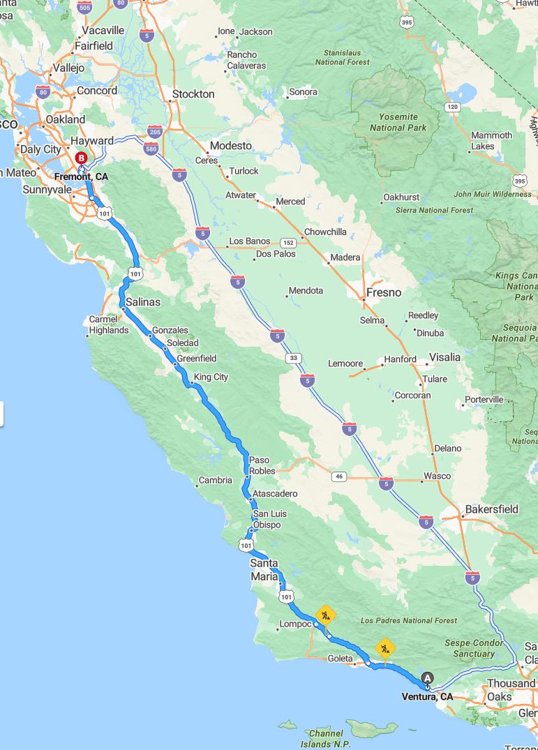 driving from Ventura, California to FremontCalifornia - map and route