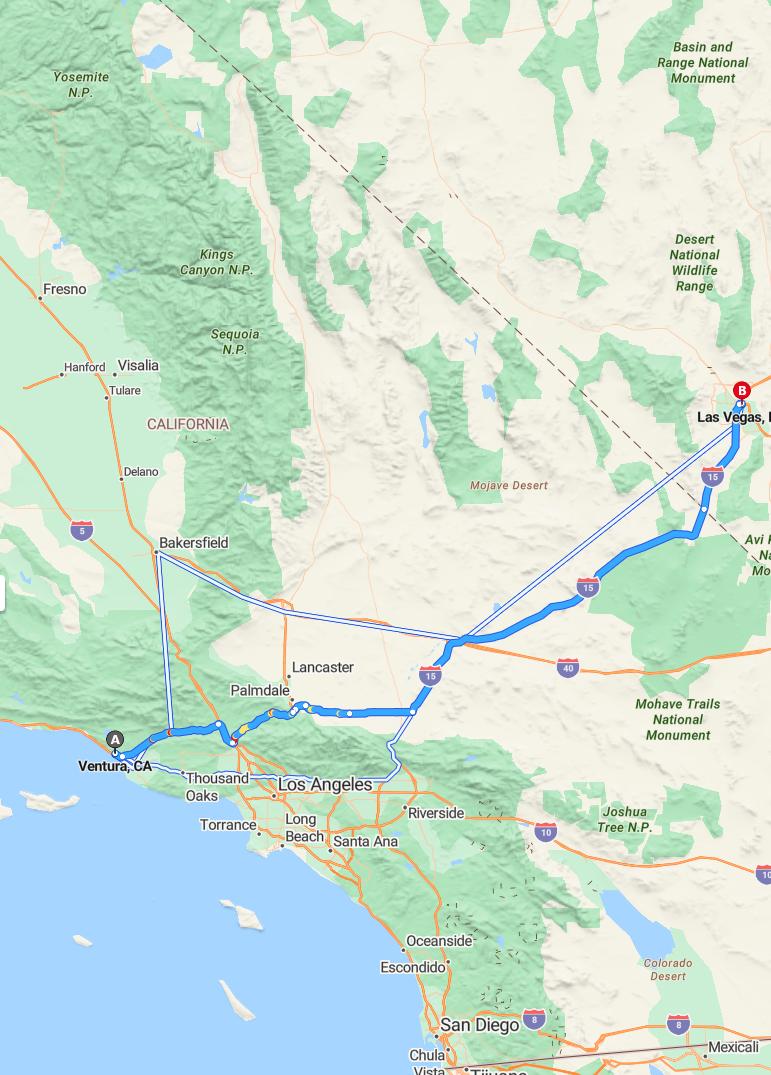 driving from Ventura, California to Las VegasNevada - map and route