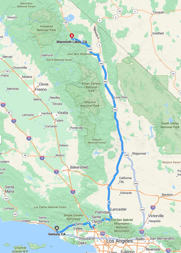 driving from Ventura, California to Mammoth LakesCalifornia - map and route