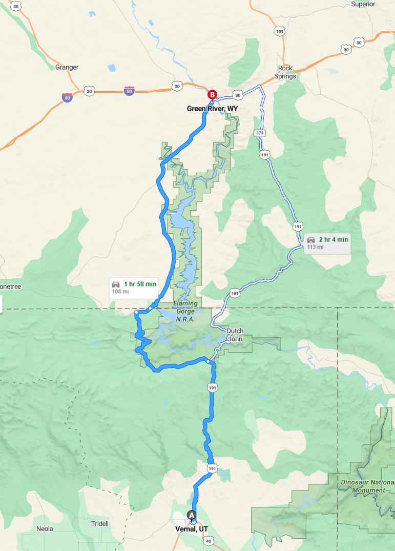 driving from Vernal, Utah to Green RiverWyoming - map and route