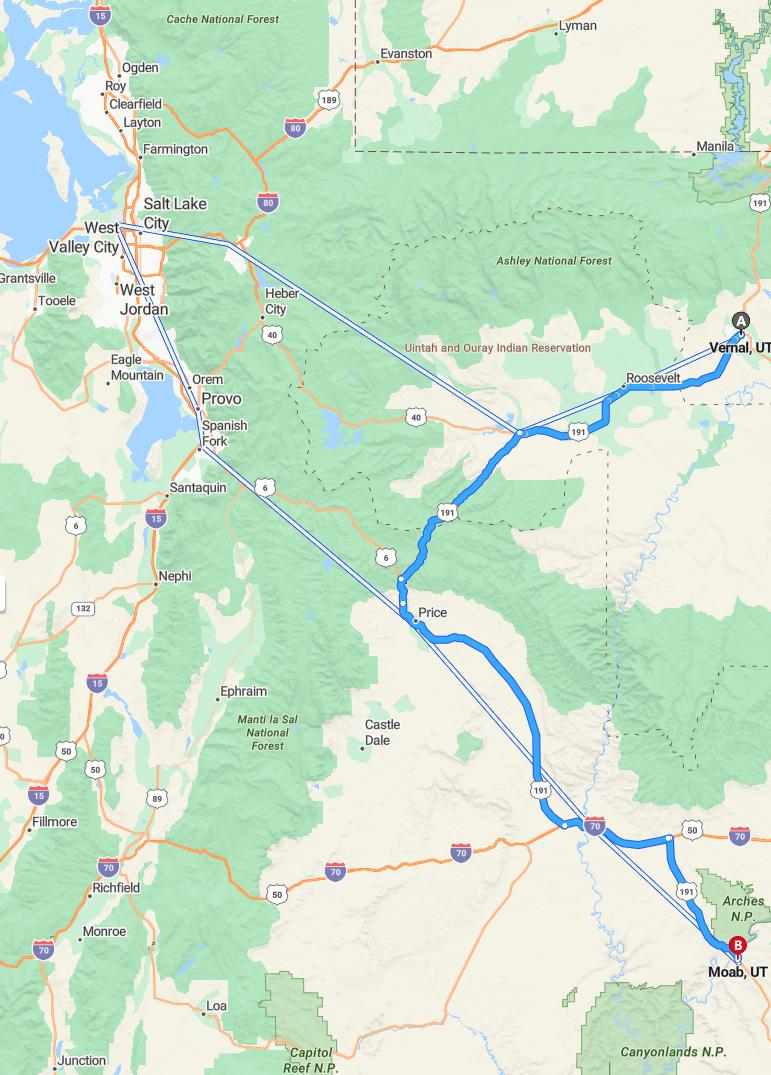 driving from Vernal, Utah to MoabUtah - map and route
