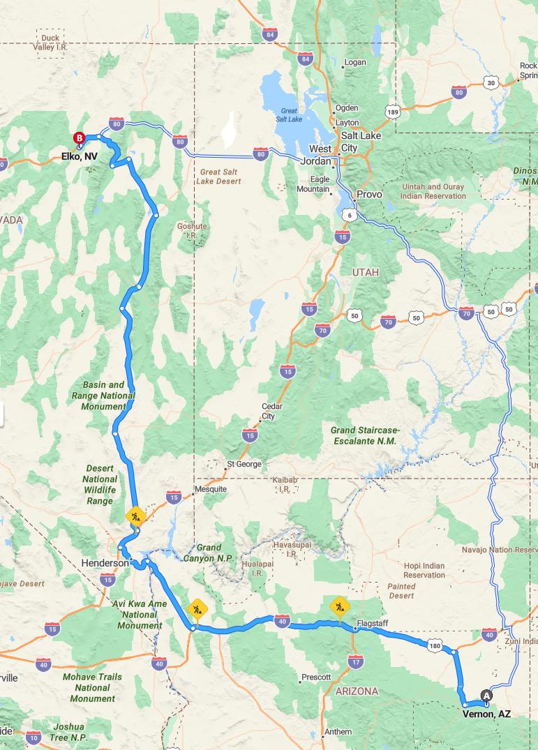 driving from Vernon, Arizona to ElkoNevada - map and route