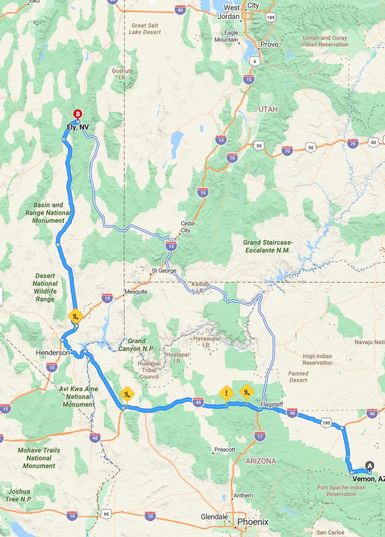 driving from Vernon, Arizona to EloyNevada - map and route