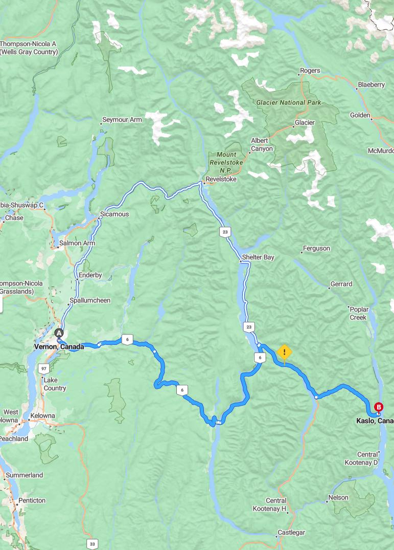 driving from Vernon, British Columbia to KasloBritish Columbia - map and route