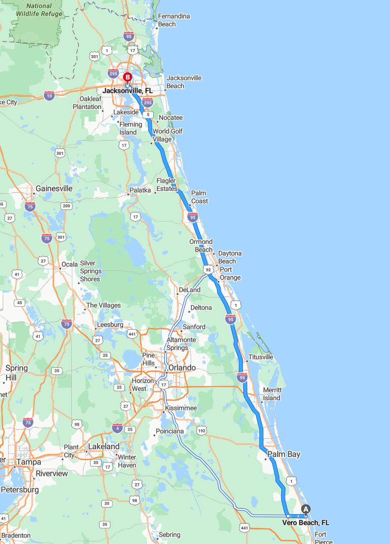 driving from Vero Beach, Florida to JacksonvilleFlorida - map and route