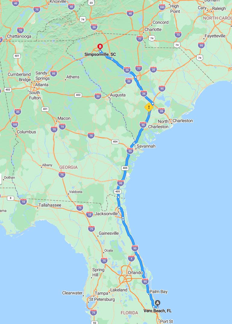 driving from Vero Beach, Florida to SimpsonvilleSouth Carolina - map and route