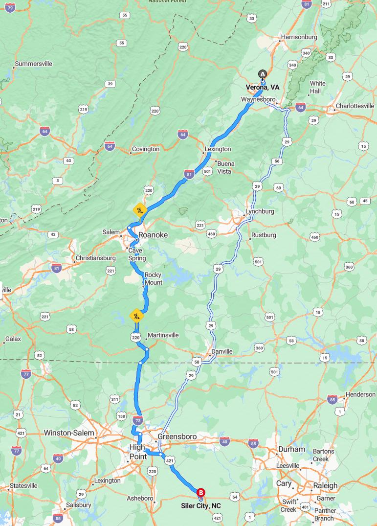 driving from Verona, Virginia to Siler CityNorth Carolina - map and route