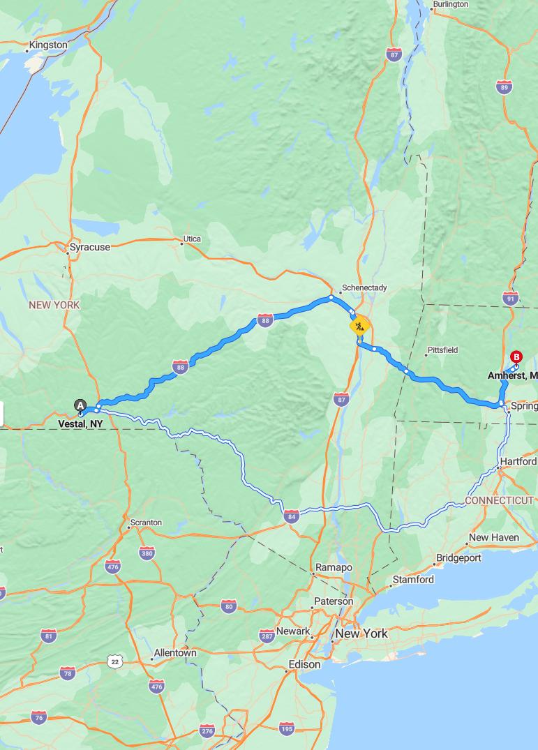 driving from Vestal, New York to AmherstMassachusetts - map and route