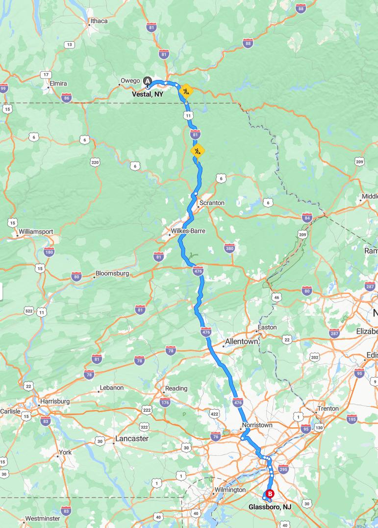 driving from Vestal, New York to GlassboroNew Jersey - map and route