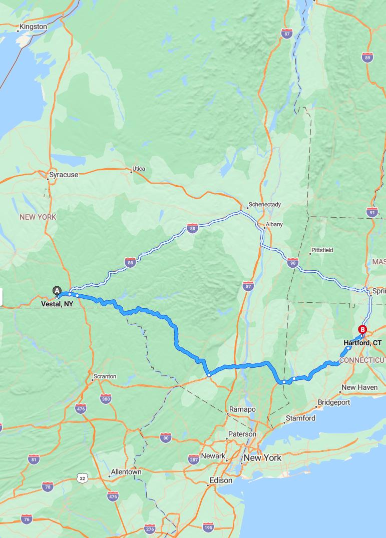 driving from Vestal, New York to HartfordConnecticut - map and route