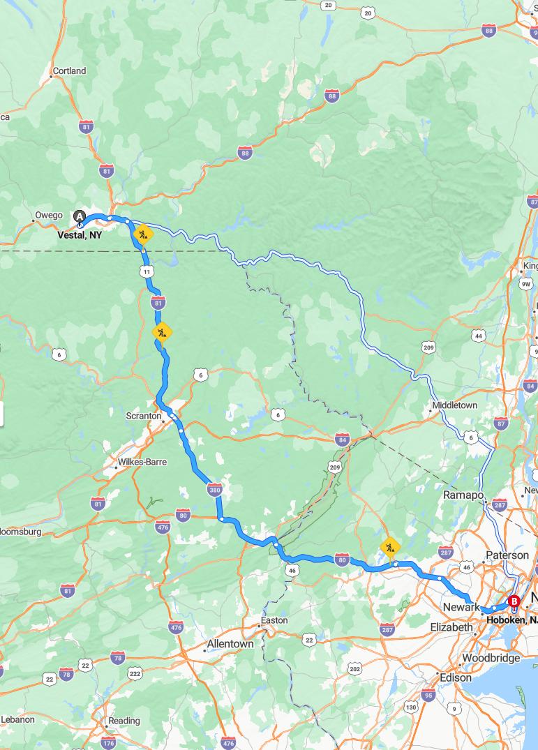 driving from Vestal, New York to HobokenNew Jersey - map and route