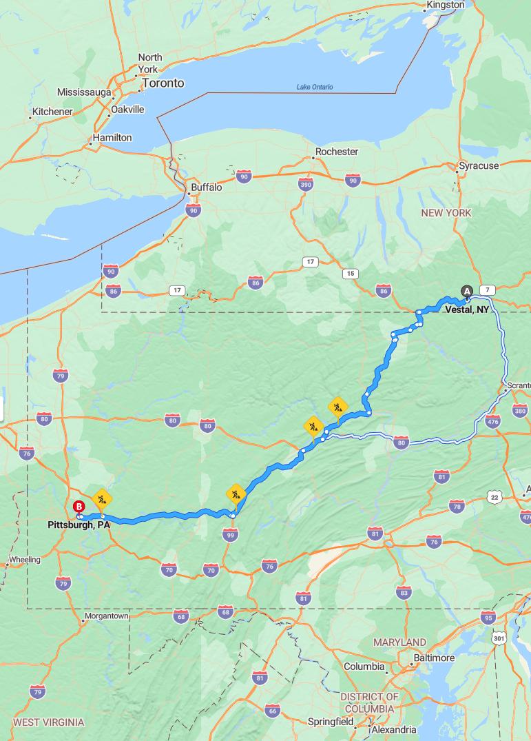 driving from Vestal, New York to PittsburghPennsylvania - map and route