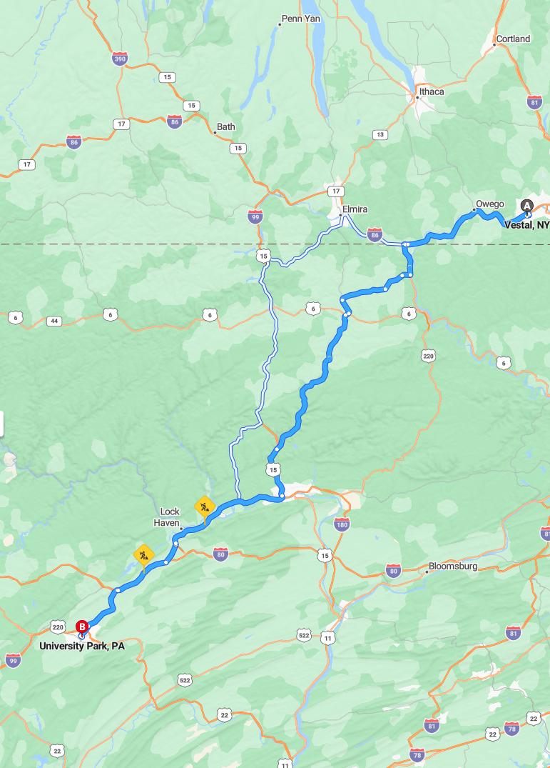 driving from Vestal, New York to University ParkPennsylvania - map and route