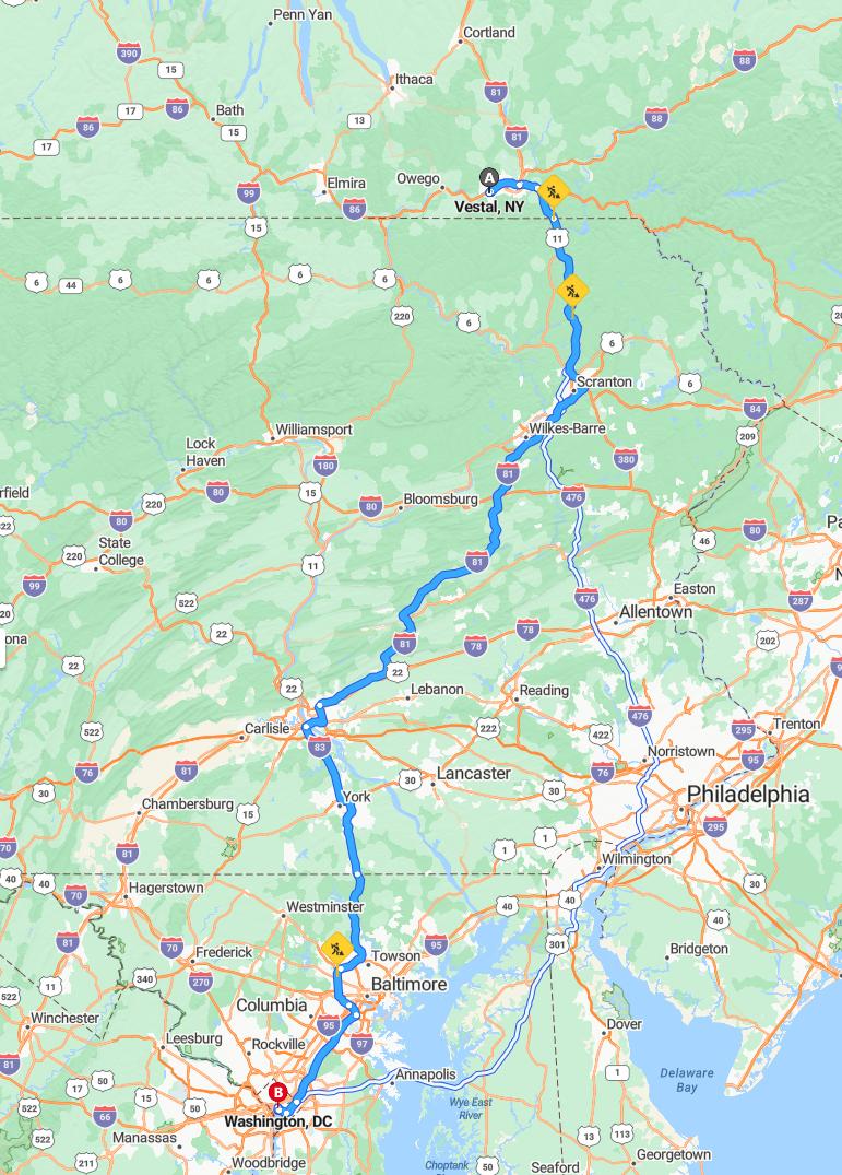 driving from Vestal, New York to WashingtonDistrict of Columbia - map and route