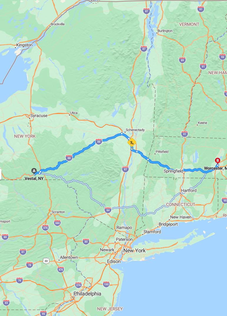 driving from Vestal, New York to WorcesterMassachusetts - map and route
