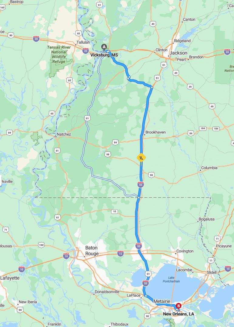 driving from Vicksburg, Mississippi to New OrleansLouisiana - map and route