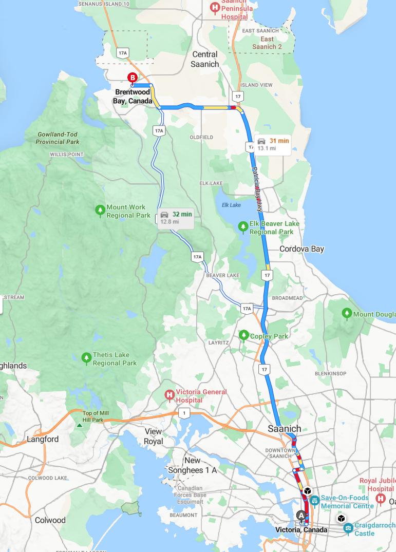 driving from Victoria, British Columbia to Brentwood BayBritish Columbia - map and route