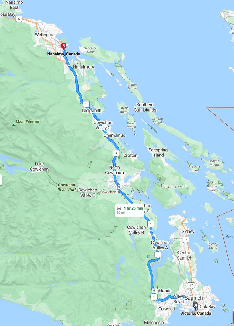 driving from Victoria, British Columbia to NanaimoBritish Columbia - map and route