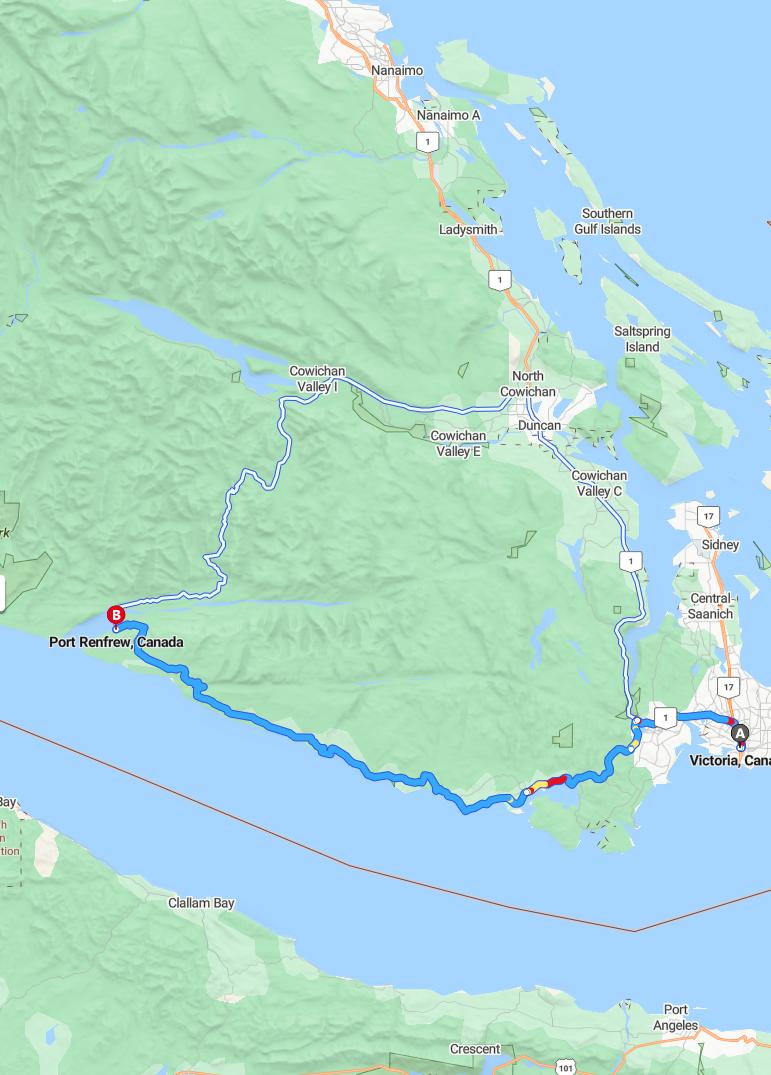 driving from Victoria, British Columbia to Port RenfrewBritish Columbia - map and route
