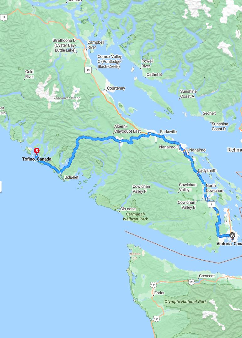 driving from Victoria, British Columbia to TofinoBritish Columbia - map and route
