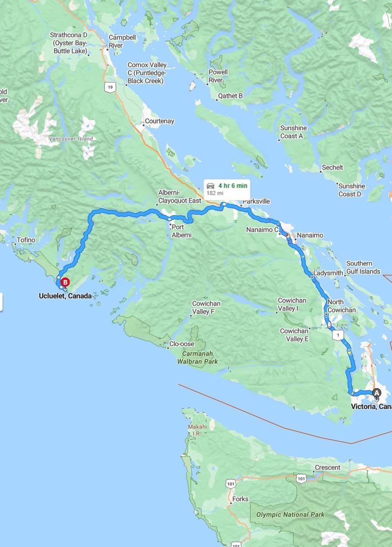 driving from Victoria, British Columbia to UclueletBritish Columbia - map and route