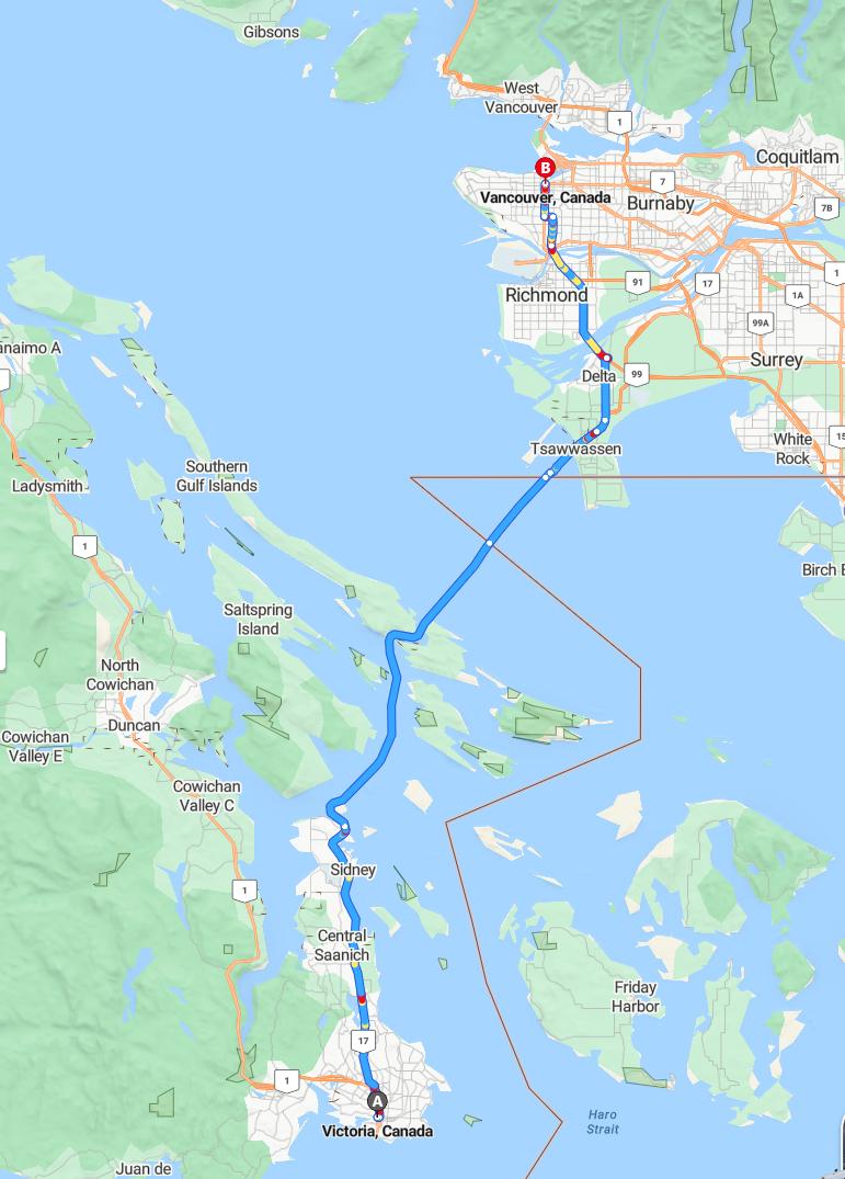 driving from Victoria, British Columbia to VancouverBritish Columbia - map and route