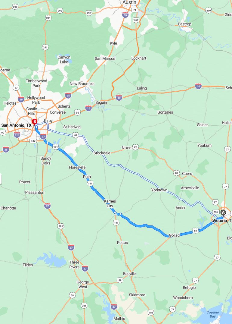 driving from Victoria, Texas to San AntonioTexas - map and route