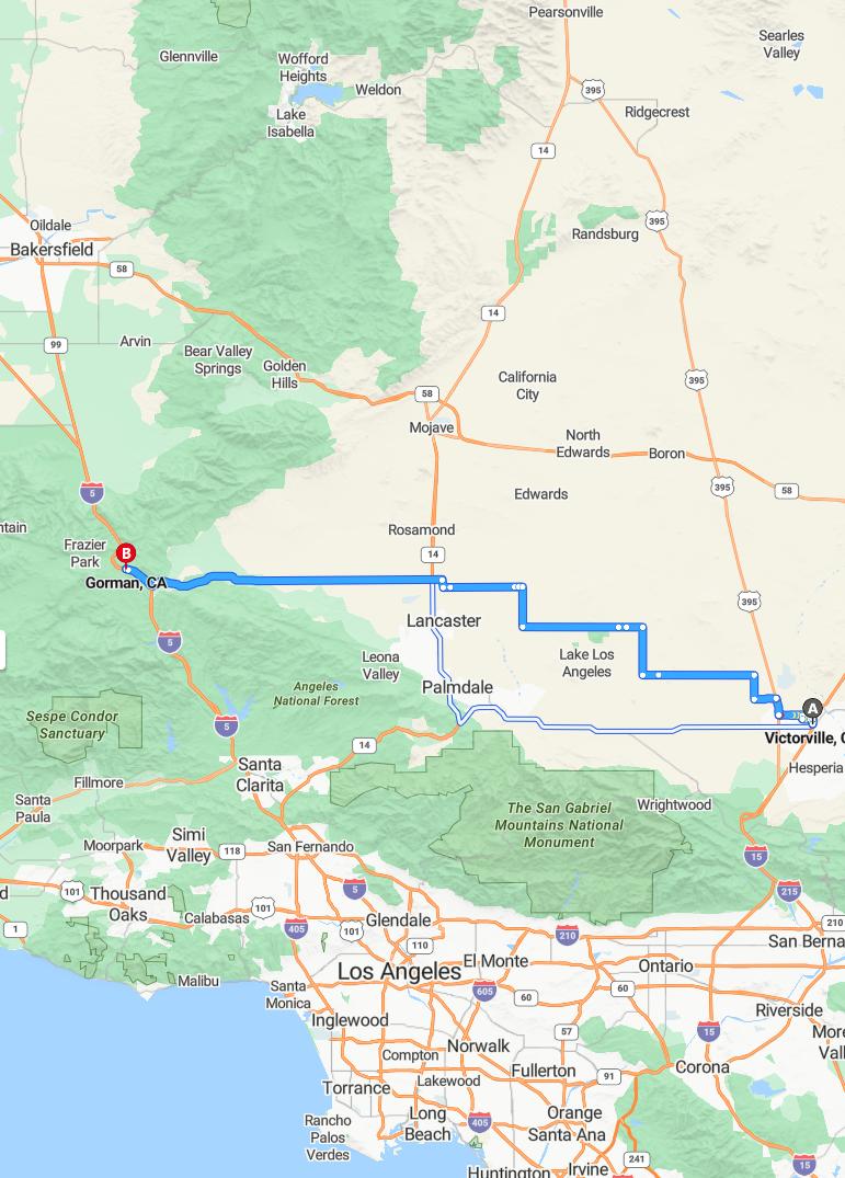 driving from Victorville, California to GormanCalifornia - map and route