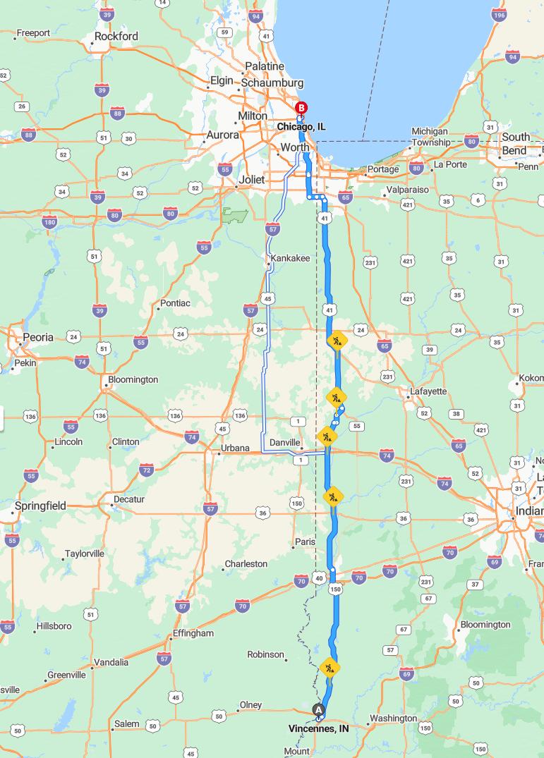 driving from Vincennes, Indiana to ChicagoIllinois - map and route