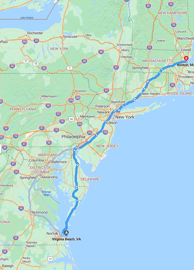 driving from Virginia Beach, Virginia to BostonMassachusetts - map and route