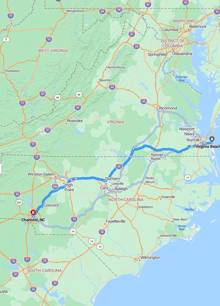 driving from Virginia Beach, Virginia to CharlotteNorth Carolina - map and route