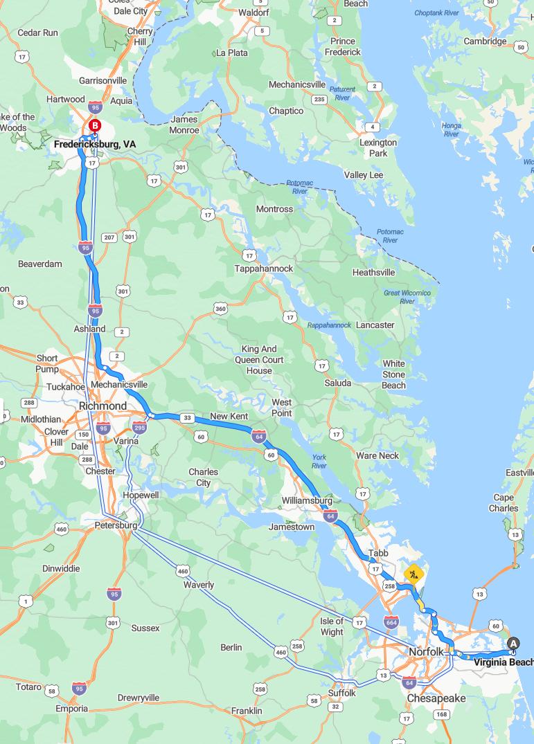 driving from Virginia Beach, Virginia to FredericksburgVirginia - map and route
