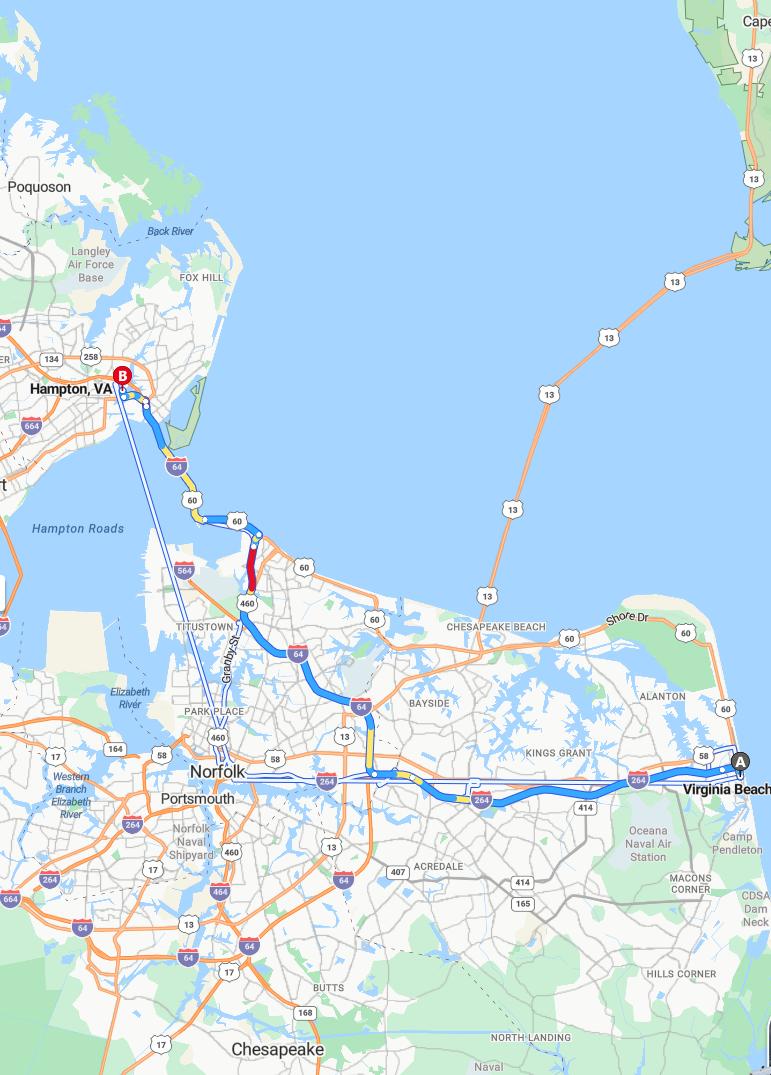 driving from Virginia Beach, Virginia to HamptonVirginia - map and route