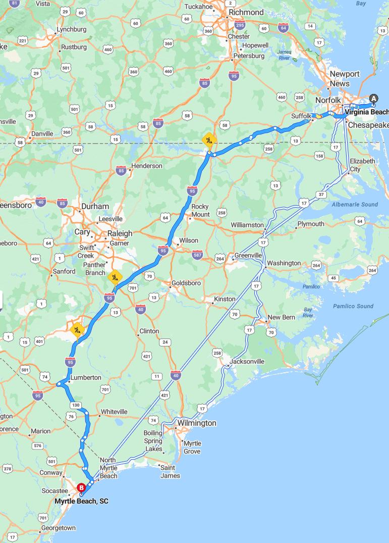 driving from Virginia Beach, Virginia to Myrtle BeachSouth Carolina - map and route