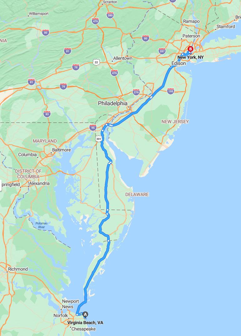 driving from Virginia Beach, Virginia to New York CityNew York - map and route