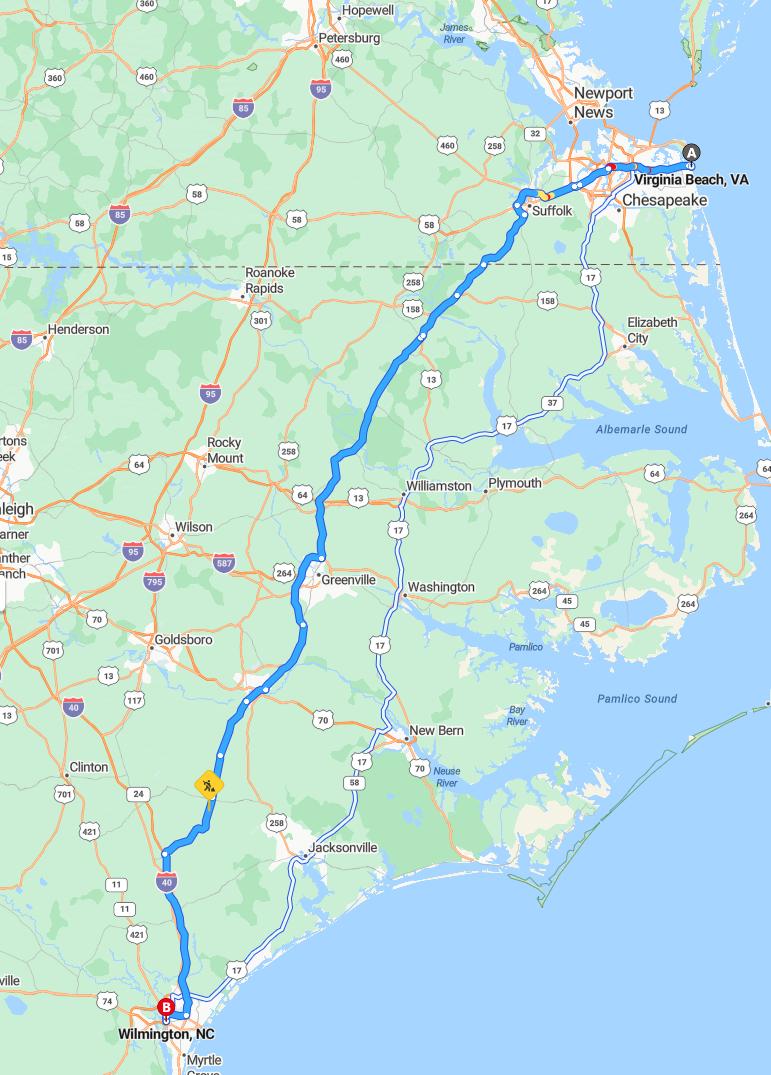 driving from Virginia Beach, Virginia to WilmingtonNorth Carolina - map and route