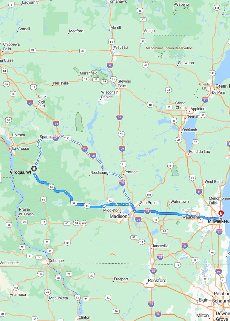 driving from Viroqua, Wisconsin to MilwaukeeWisconsin - map and route