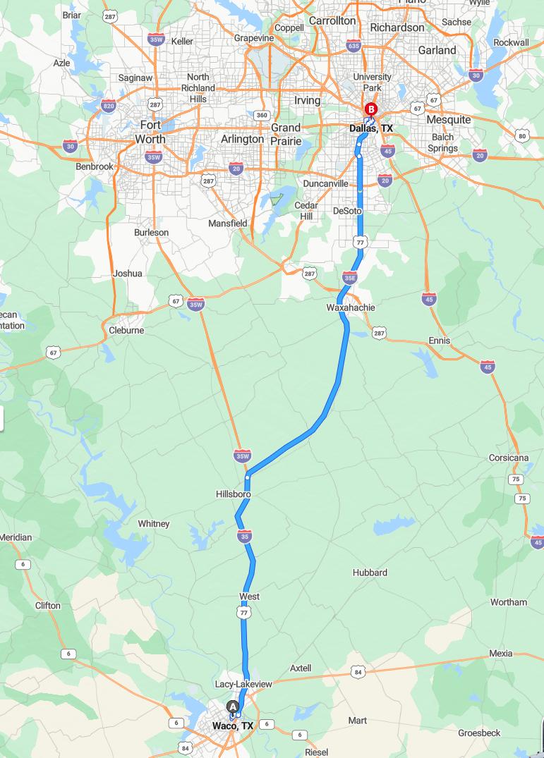 driving from Waco, Texas to DallasTexas - map and route