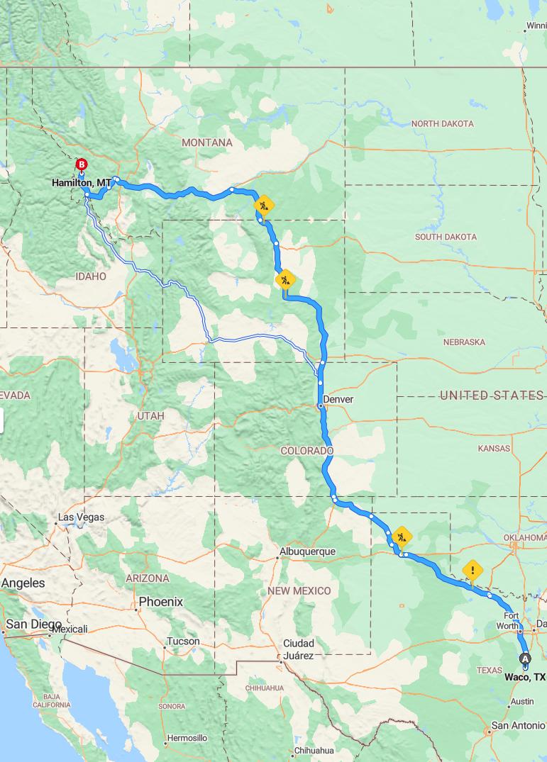 driving from Waco, Texas to HamiltonMontana - map and route