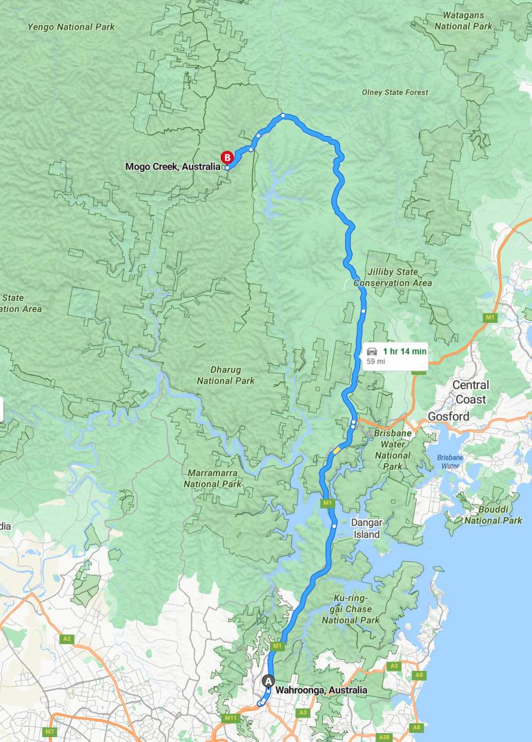 driving from Wahroonga, New South Wales to MogoNew South Wales - map and route