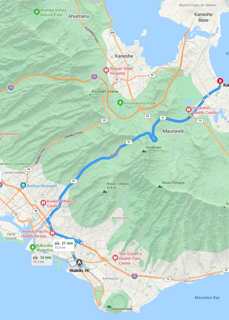 driving from Waikiki, Hawaii to KailuaHawaii - map and route